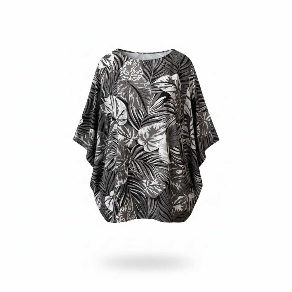 ATTITUDES by Renée XL Tropical Botanical Rayon Silk Tunic Blouse Black Gray EUC